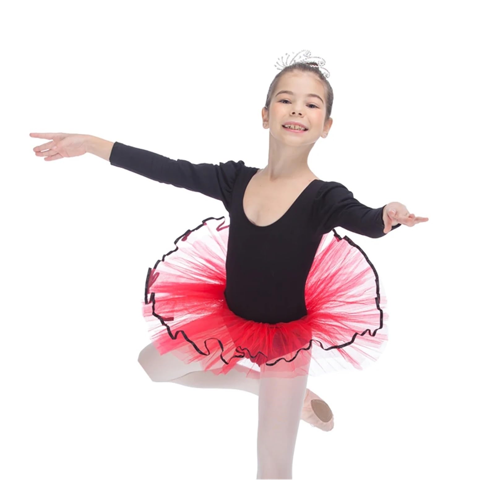 Body Nero Danza Body Nero for Ragazze in Cotone, Body tutù for Danza Classica, Top Nero con tutù Rosso, Tutte Le Taglie Disponibili(AM)