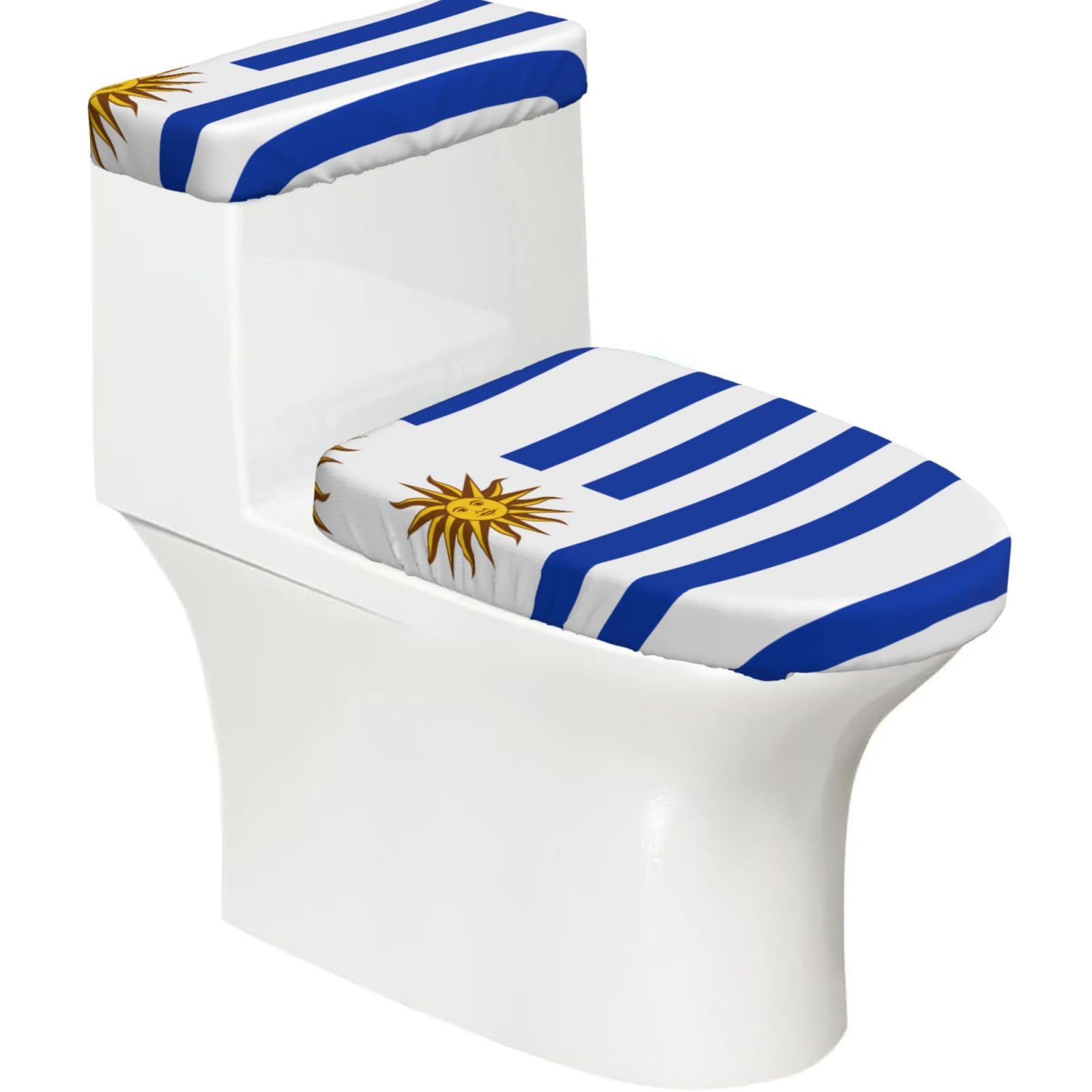 Flag of Uruguay Elastic Toilet Cover Set of 2-Stretchy Lid and Tank Covers for Bathroom, Soft Washable U Shape Toilet Decor