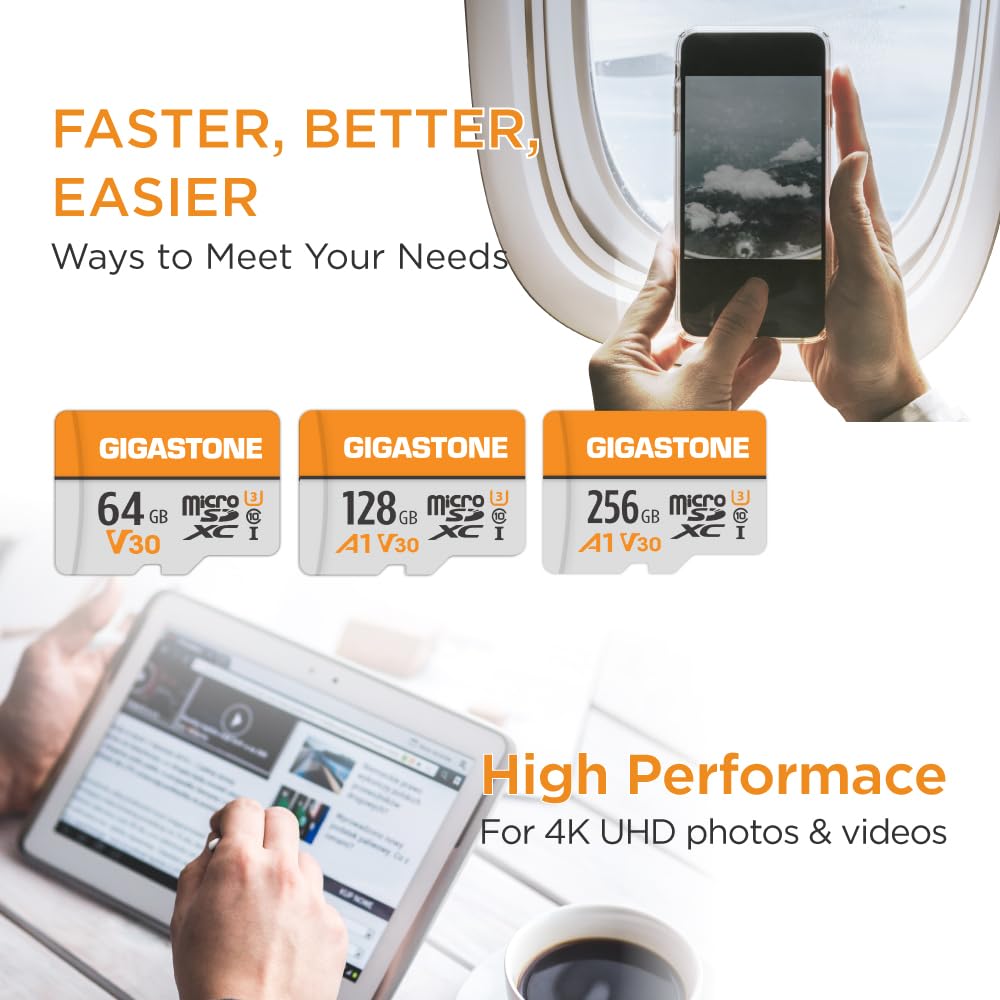 GIGASTONE Carte Micro SD 64 Go Lot de 2, V30 Enregistrement Vidéo 4K, pour Surveillance, Caméra de Sécurité, Dashcam et Drone, Carte Mémoire MicroSDXC UHS-I Classe 10 Jusqu’à 95 Mo/s, avec Adaptateur