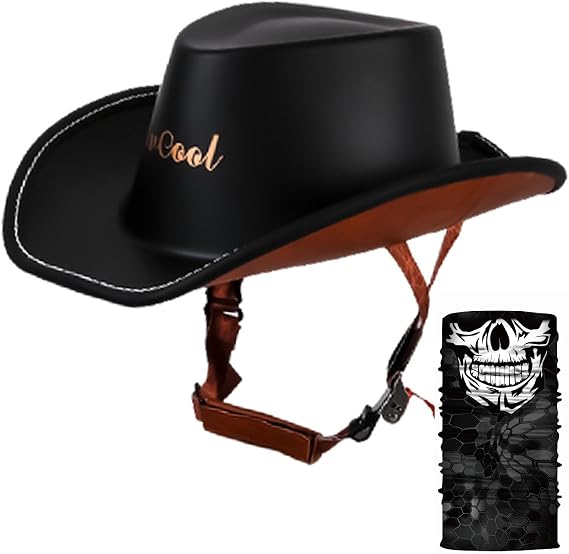 Retro Half Helmet DOT Approved Open Face Helmet Cowboy Hat Motorcycle Half Helmet Western Cowboy Helmet with Quick Release Buckle and Lining for Adults Men Women Jazz Caps