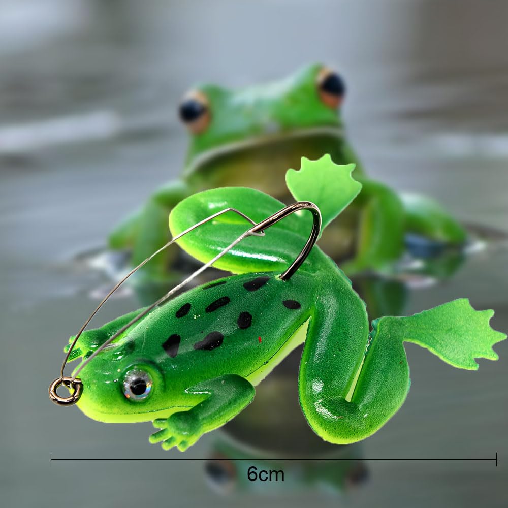 LATRAT 6 esche da pesca con gancio, a forma di rana, morbide esche da pesca, esche a manovella con gancio, 3D, doppie eliche Frogs morbide per persico/trota, luccioperca