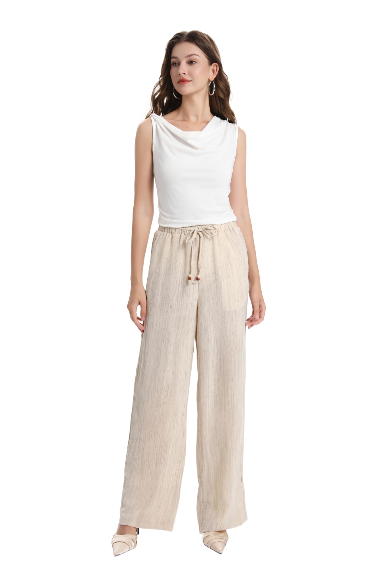 Geimeichu Wide Leg Linen Pants with Drawstring, Casual Palazzo Style, Beige and Black (US, Waist, 29, Long, Apricot)