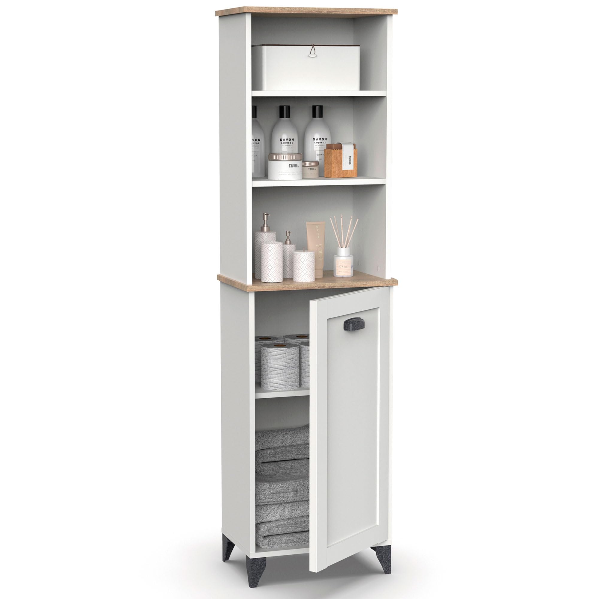 briebe Columna de Baño, Mueble Auxiliar, Armario Alto Estilo Vintage 168x46,5x31 cm (Alto x Ancho x Profundo) Espacio de Almacenamiento 3 Estantes, 1 Puerta, Eterna Blanco/Roble Cambrian