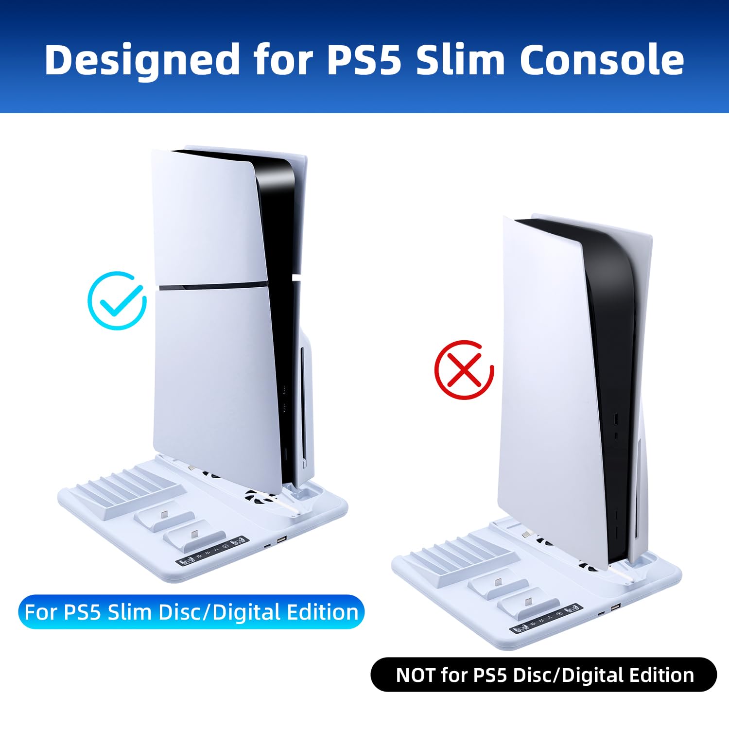Wigearss Supporto Verticale PS5 Slim Raffreddamento con Doppio Caricatore Controller, Base di Ricarica Joystick PS5 con Ventola Raffreddamento per PS5 Slim Disc/Digital Edition, Non per PS5/PS5 Pro