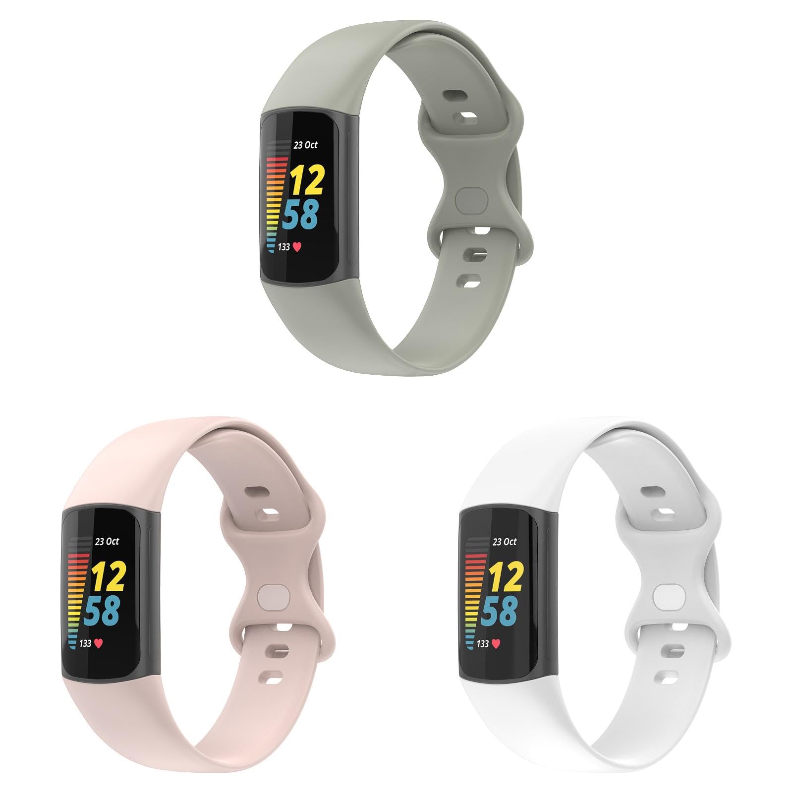 Straps Compatible with Fitbit Charge 6/Charge 5 Strap, 3 Pack Adjustable Replacement Wristband Soft TPU Sport Band for Fitbit Charge 6 Activity Tracker, (Large, Gray/Pink/White)