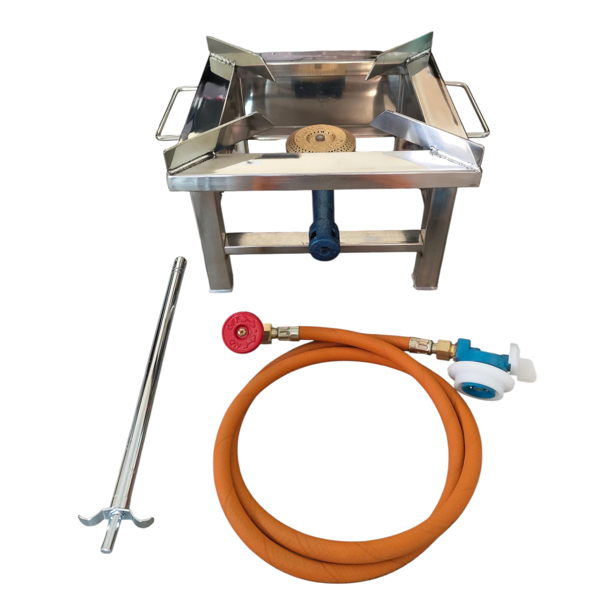 Surajan Stainless Steel Single Burner Squre Chulha Canteen Bhatthi Commercial Gas Stove with All Complementry Accessories - Silver | Manual | (Medium-12x12x8 Inch.)