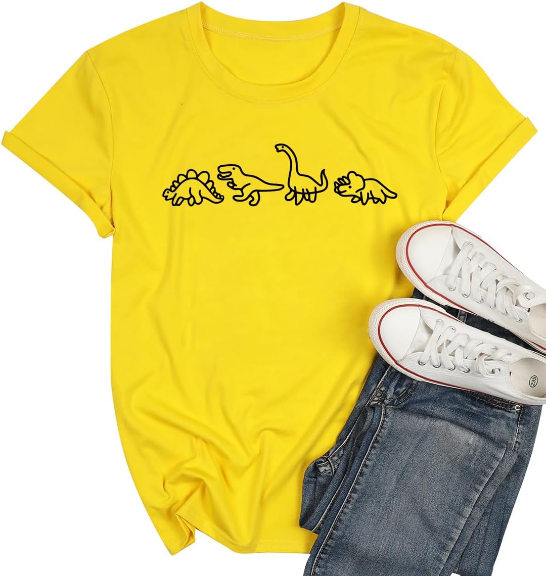 Women Dinosaurs Graphic Tops Short Sleeve Dino Shirts Cute Casual Round Neck Blouse Summer Tees