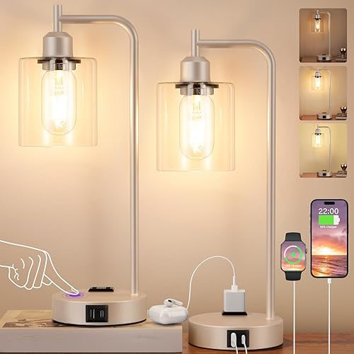 Miniatura 8 de Juego de 2 lámparas de noche industriales táctiles para dormitorio, lámparas de mesa regulables de 3 vías con puertos USB C+A y tomacorriente,