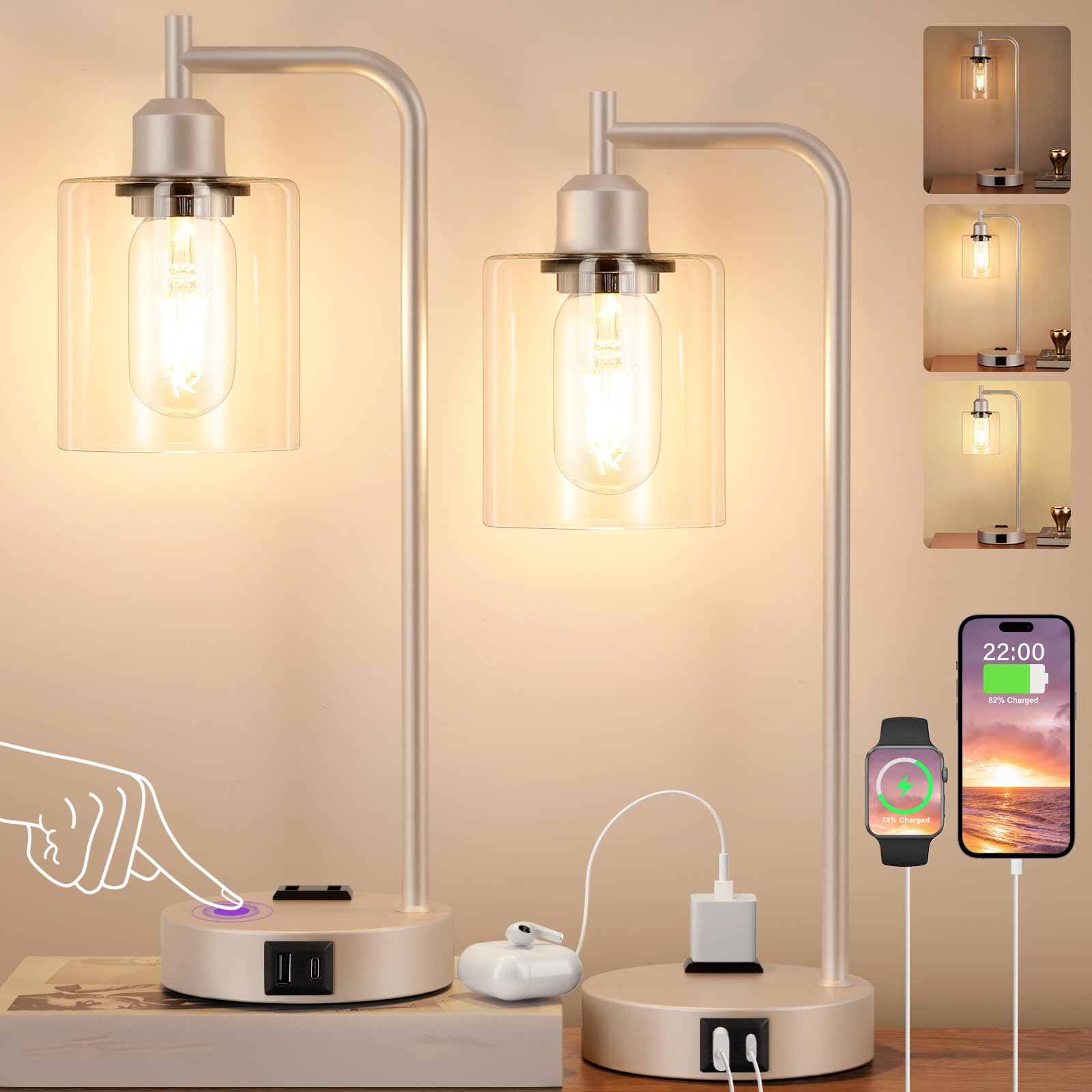 Industrial Touch Table Lamps for Bedrooms Set of 2 - 3-Way Dimmable Lamps with USB C+A Ports and Outlet, Champagne Gold Bedside Lamps with Clear Glass Shade for Living Room, Desk Lamps for Home Office