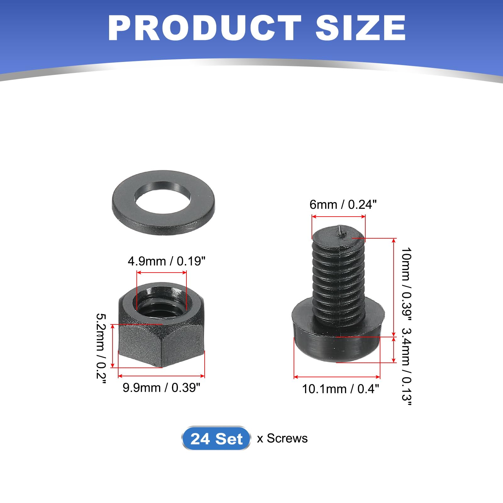 PATIKIL M6x10mm Black Nylon Bolts Plastic Nuts Full Thread Head Screws, 24 Pcs, M6*10mm - Image 2