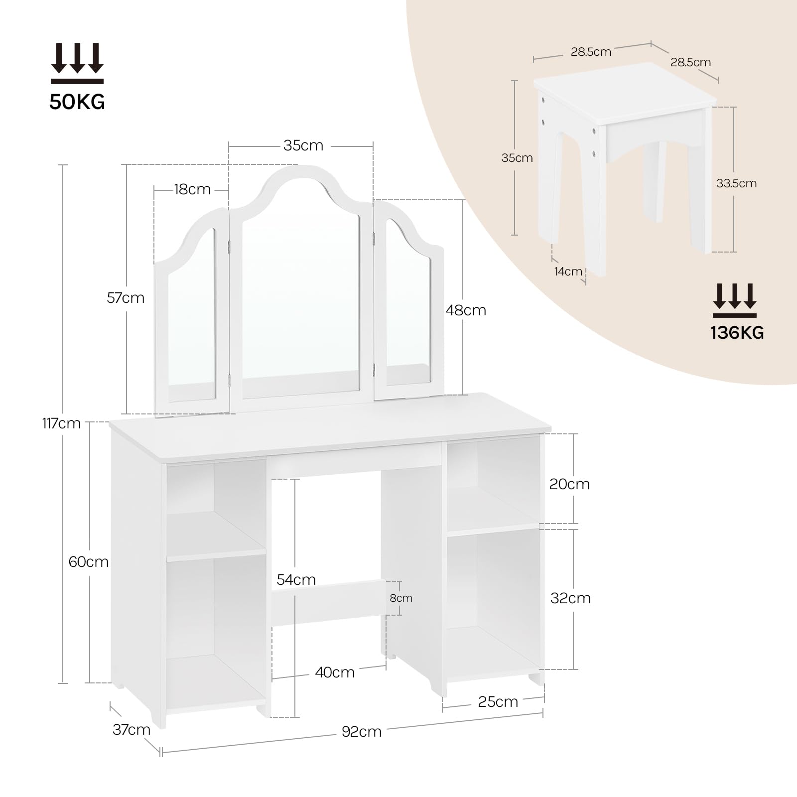 WOLTU Mesa Tocador Infantil con Taburete y Espejo Plegable, Conjunto de Tocador Maquillaje de 3 Piezas, con 4 Compartimentos, Estante Ajustable, Blanco, MDF, MB6120ws