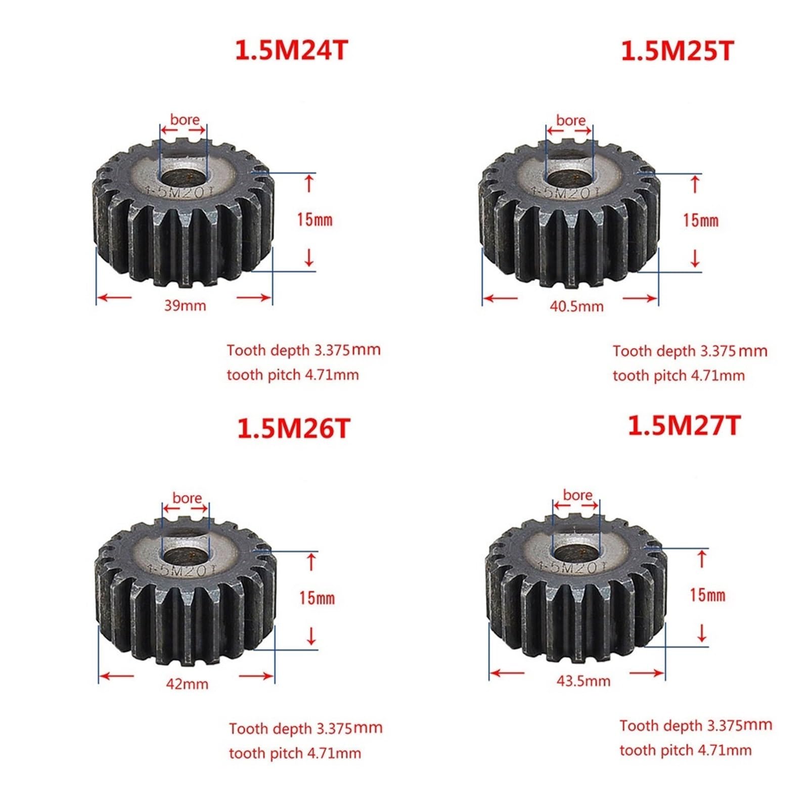Bevel Gear Pinion Hardware Mechanical 1 Pcs 1.5Mod 12 Tooth - 27Tooth Spur Gear No Step 45# Steel Pitch 4.71mm Tooth Depth 3.375mm Process Hole Motorcycle Metal Motor(24 Teeth)