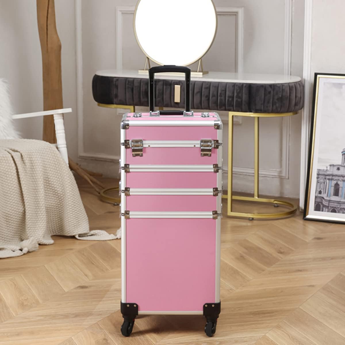 4-in-1 Rolling Makeup Case, Interchangeable Aluminum, Professional Makeup Train Case, Cosmetic Case Large Trolley Travel Case Organizer with Folding Trays Pink for Beauty Makeup Artist Tattoo