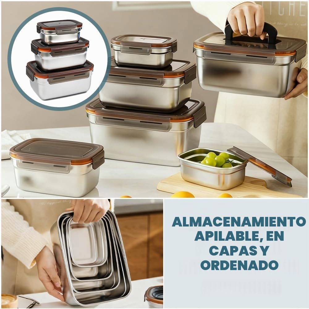 4 PCS Recipientes de Acero Inoxidable 550/1100/1900/3500 ml, Fiambrera de Acero Inoxidable Hermetica con Tapa, Contenedores Comida para Congelador para Cocina Trabajo -Aptas para Lavavajillas
