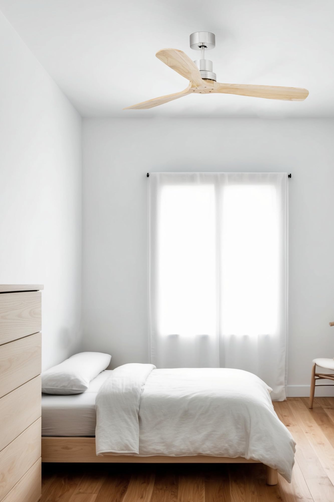Faro Lantau Grande nichel opaco, ventilatore da soffitto in pino con motore DC, 6 velocità
