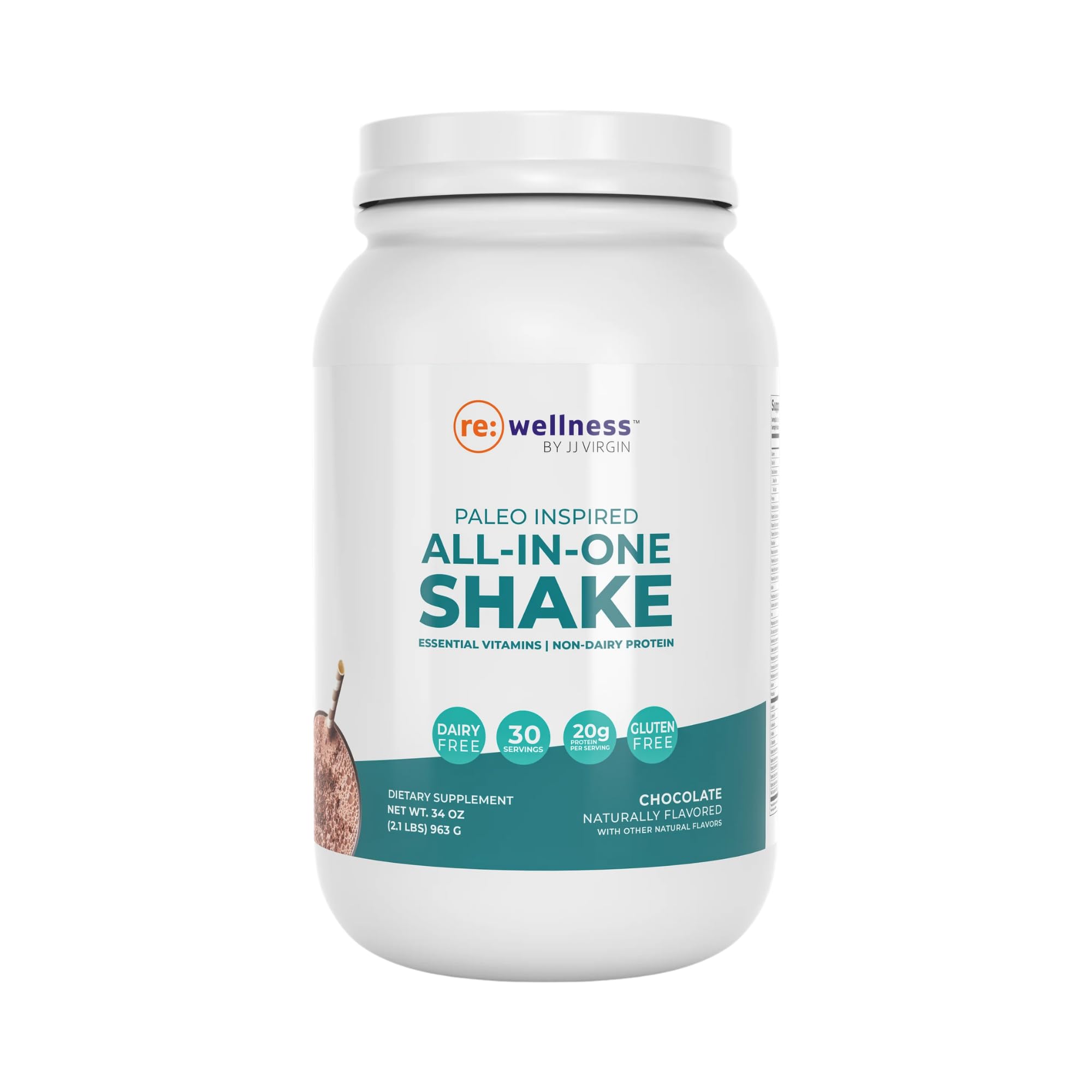 Reignite Wellness by JJ Virgin | Chocolate Paleo-Inspired All-in-One Shake | Gluten Free + Dairy Free Protein Powder | Contains 20G of Beef Protein with Vitamins, Minerals, Amino Acids | 30 Servings