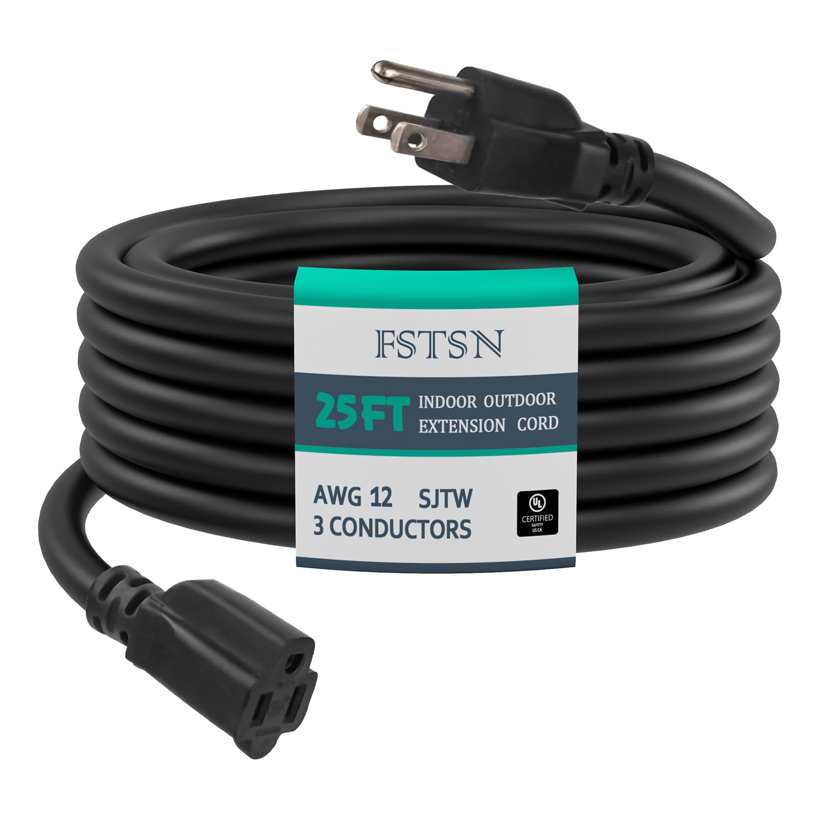 25 FT Outdoor Heavy Duty Extension Cord - 12/3 SJTW 15 AMP Indoor Power Cord with 3 Prong Grounded Plug for Lawn Mower, Appliances, Workshop, Lights Water Resistant Flexible Cable Black.