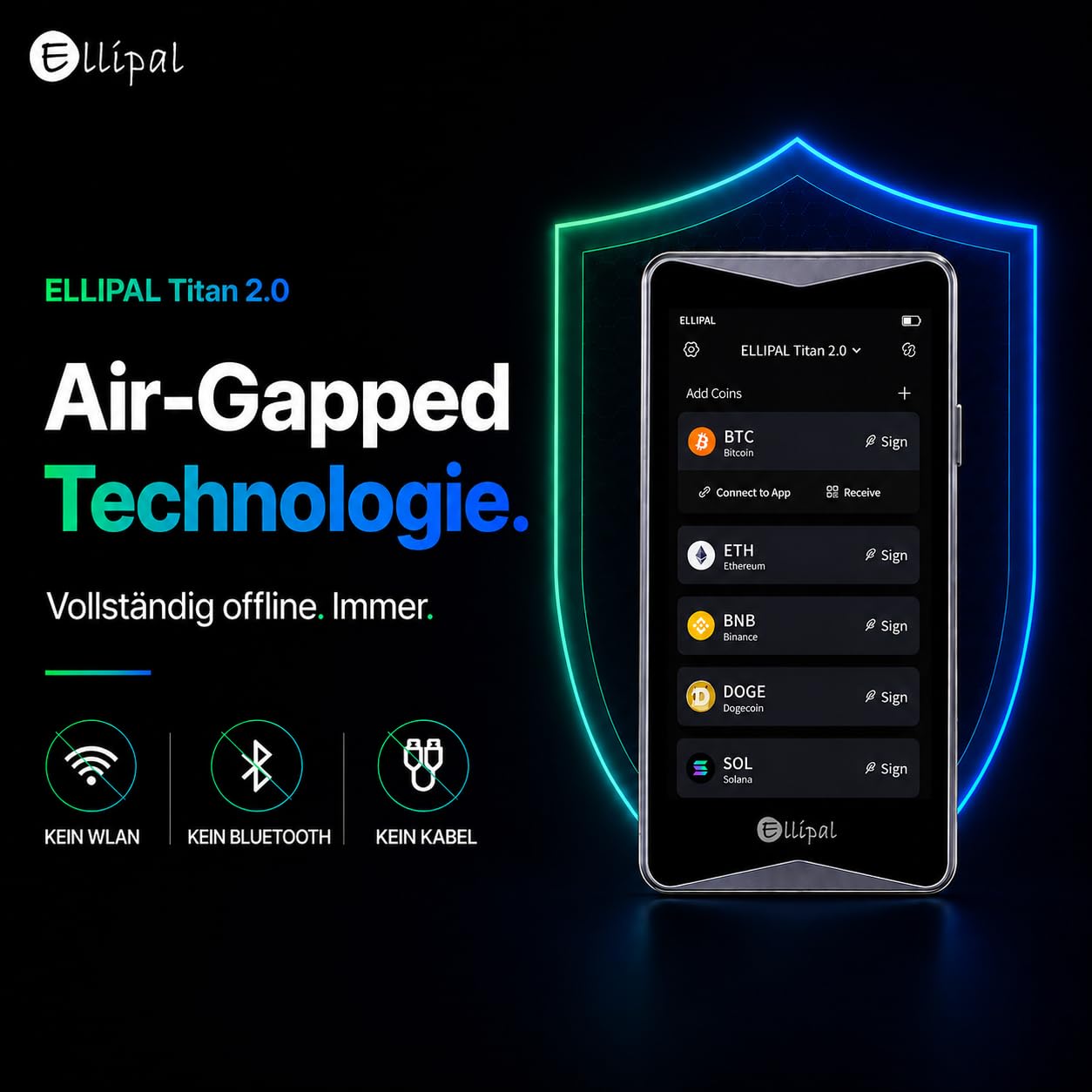 ELLIPAL Titan 2.0 Krypto-Wallet - 100% Offline-Hardware-Cold-Wallet mit Air-Gapped-Technologie, Bitcoin-Sicherheit, Speichern und Verwalten von Tausenden Coins und Tokens.