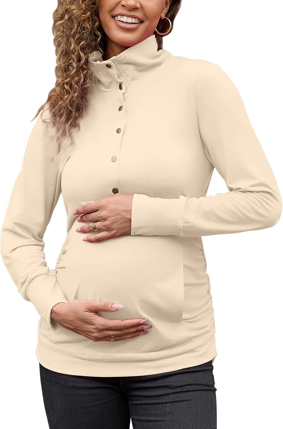 Bhome Maternity Shirt Casual Long Sleeve Half Button Front Lightweight Sweatshirts Slim Fit Pullover Tops with Pockets