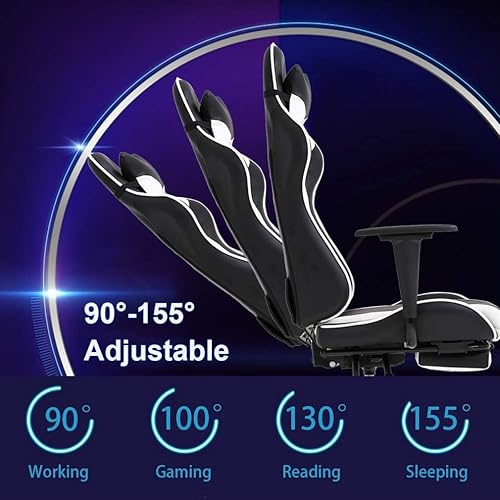 Miniatura 7 de Silla de juegos con reposapiés y soporte lumbar, altura ajustable, reclinable, giratoria de 360 grados para adultos, color blanco