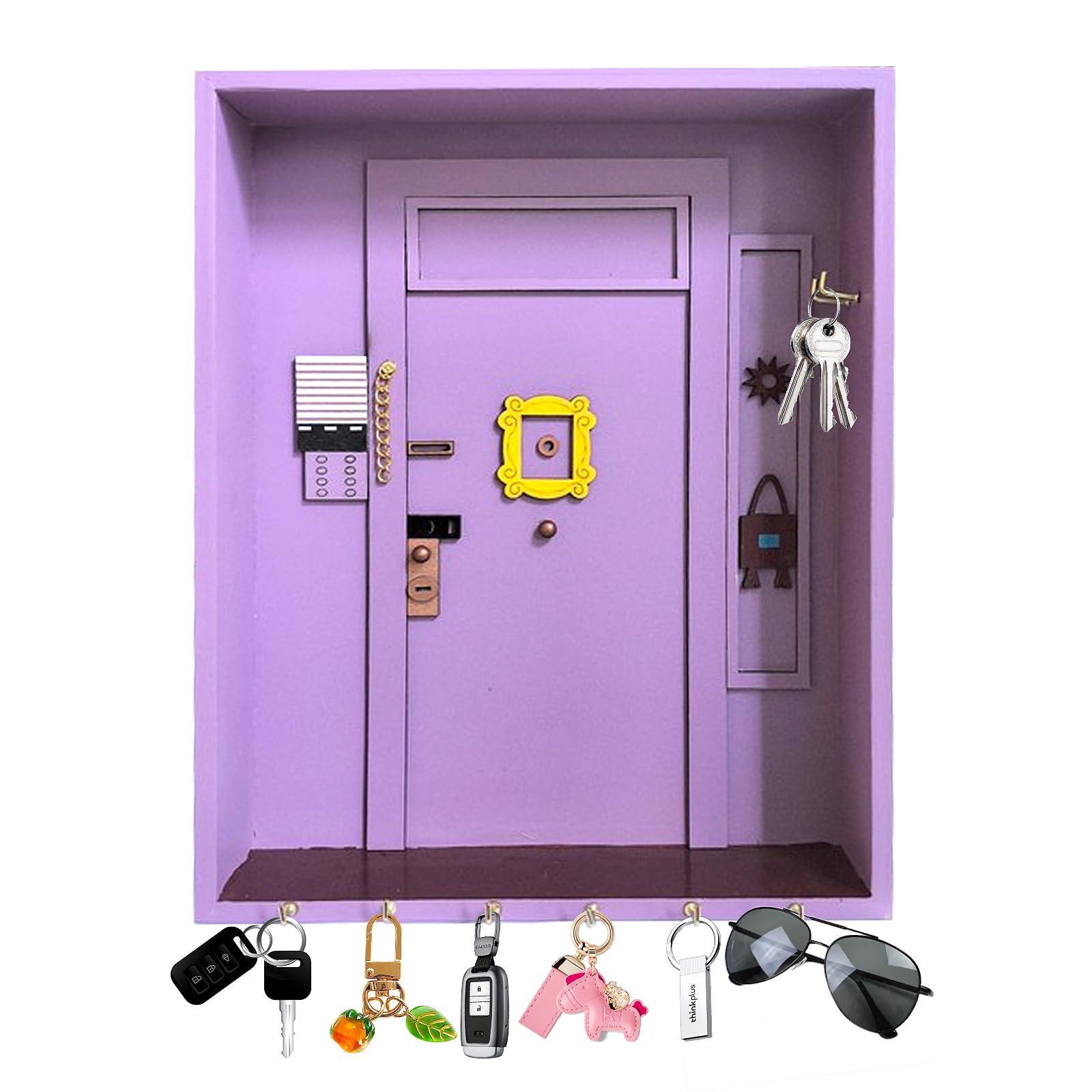 Friends Monica'S Key Hooks, Mobiletto In Legno Porta Chiavi Da Muro Per Casa Amici Ganci Chiave Di Monica Con Contenitore E 6 Ganci Per Gli Amanti Delle Serie TV Per Bagno Soggiorno (Viola)