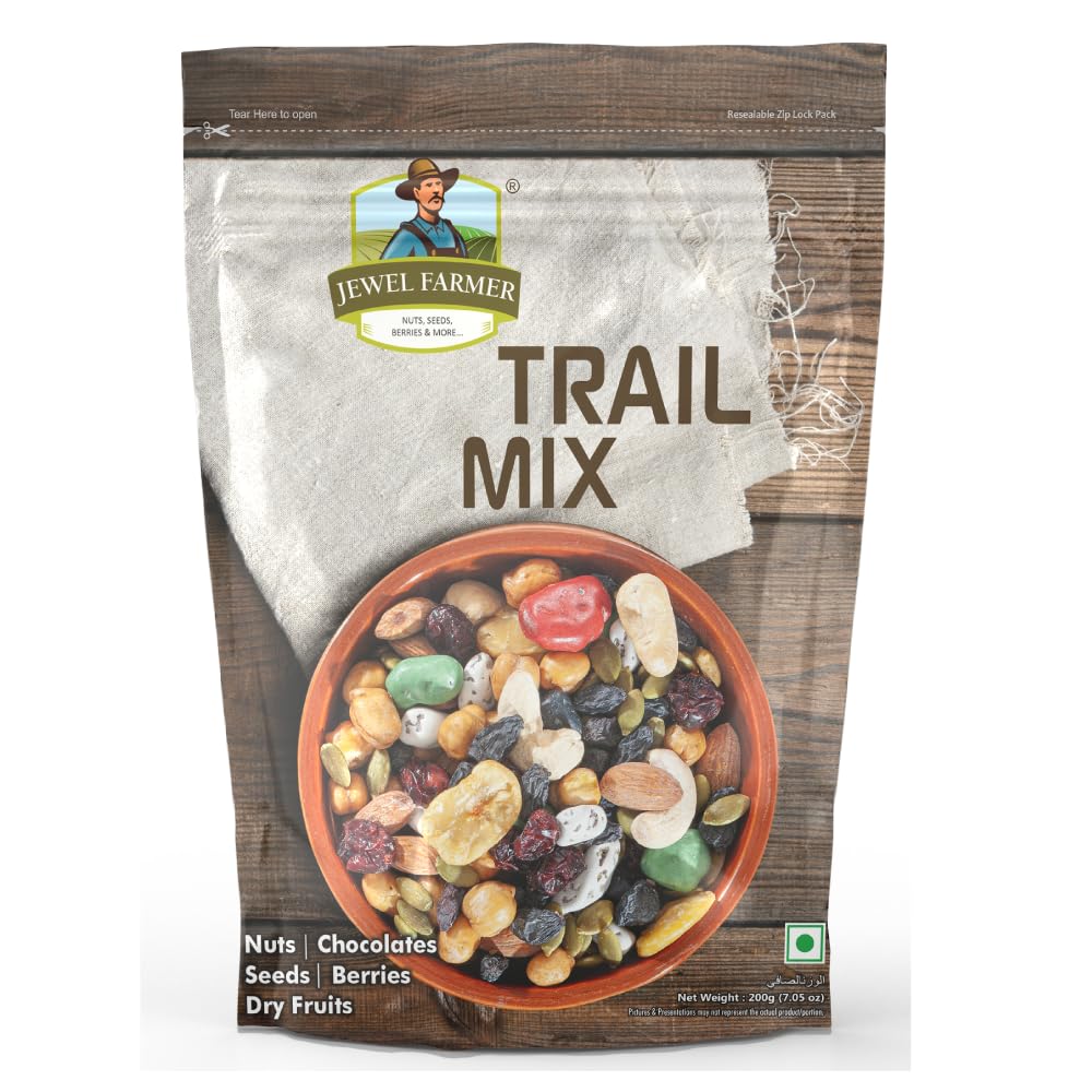 JEWEL FARMER Trail Mix with Chocostones, Almonds, Cashewnuts, Cranberries, Chickpeas, Pumpkin Seeds, Black Raisins, Broad Beans, Sugar, Sunflower Oil & Edible Salt (200g) (B0C46SN6S7) Amazon Price History, Amazon Price Tracker