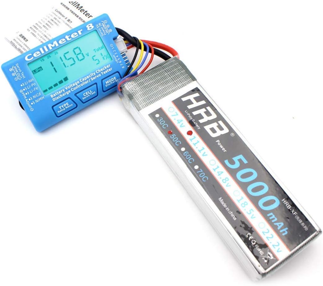 CellMeter 8 connected to a large LiPo battery, displaying voltage and capacity.