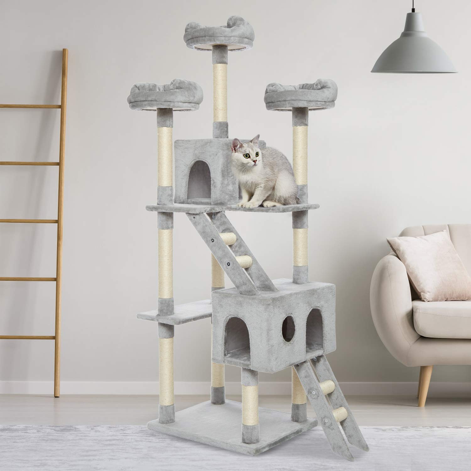 Meerveil Tiragraffi per Gatti con 2 Palle, 145cm Tiragraffi Albero di Gatto con Graffiatoio Gatto Tiragraffi Giocattolo in Sisal Naturale, Grigio Chiaro