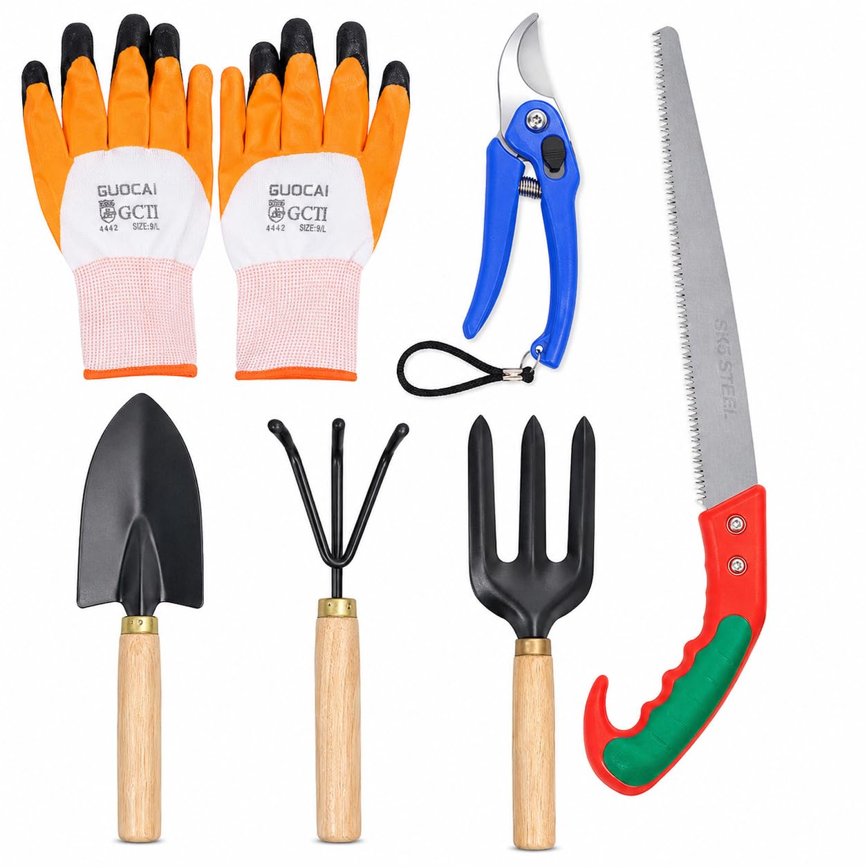 Gardening Tools Set for Home Garden – 6 Pcs Wooden Handle Garden Tool Kit with Cutting Gloves, Pruning Shears, Hand Saw, Trowel, Cultivator & Weeder – Gardening Kit for Men Women (Orange/Black)-image-8