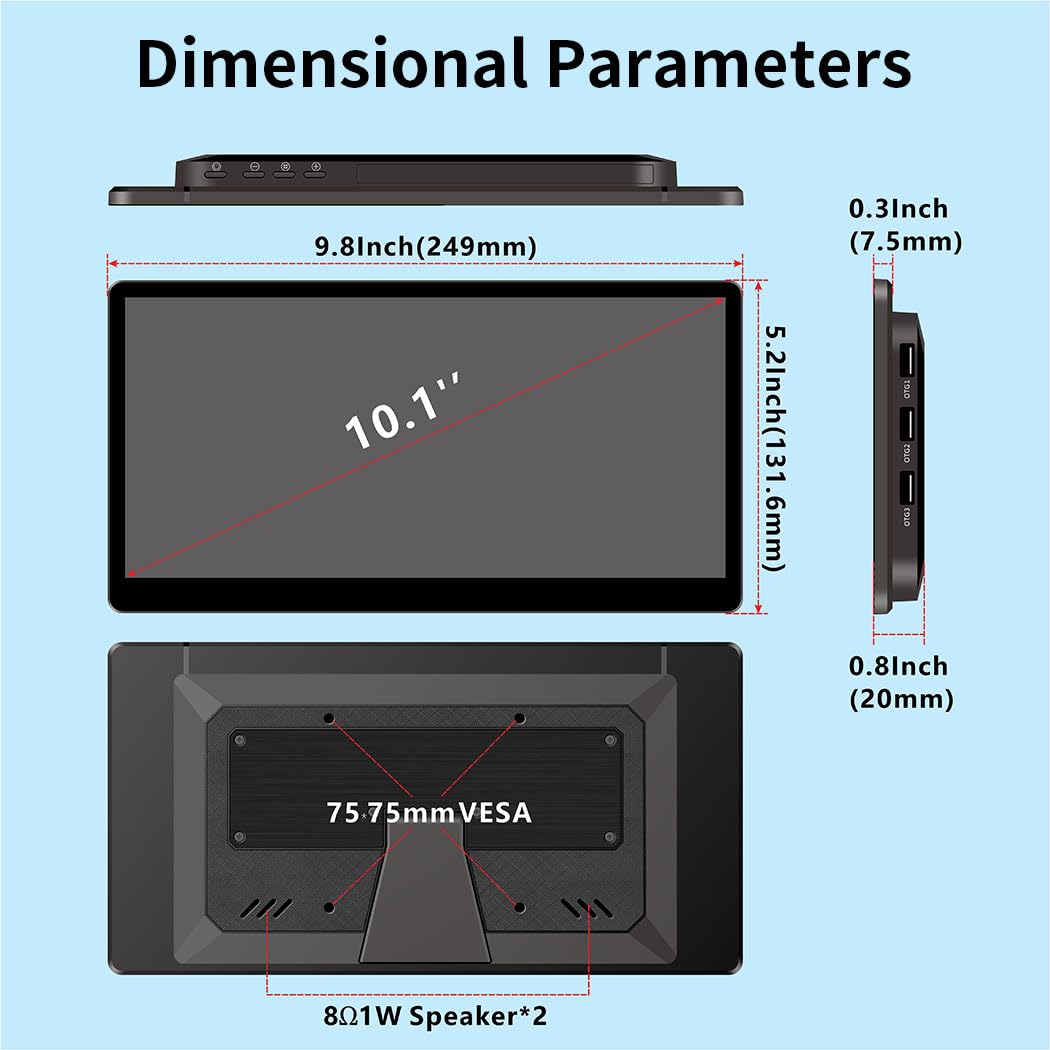 Mini monitor dotykowy 10,1 cala, IPS 1540 × 720 USB-C HDMI przenośny ekran wtórny ze stojakiem i głośnikiem, rozciągnięty ekran barowy do komputera, laptopa, Rasp PI AIDA64 STEM DIY