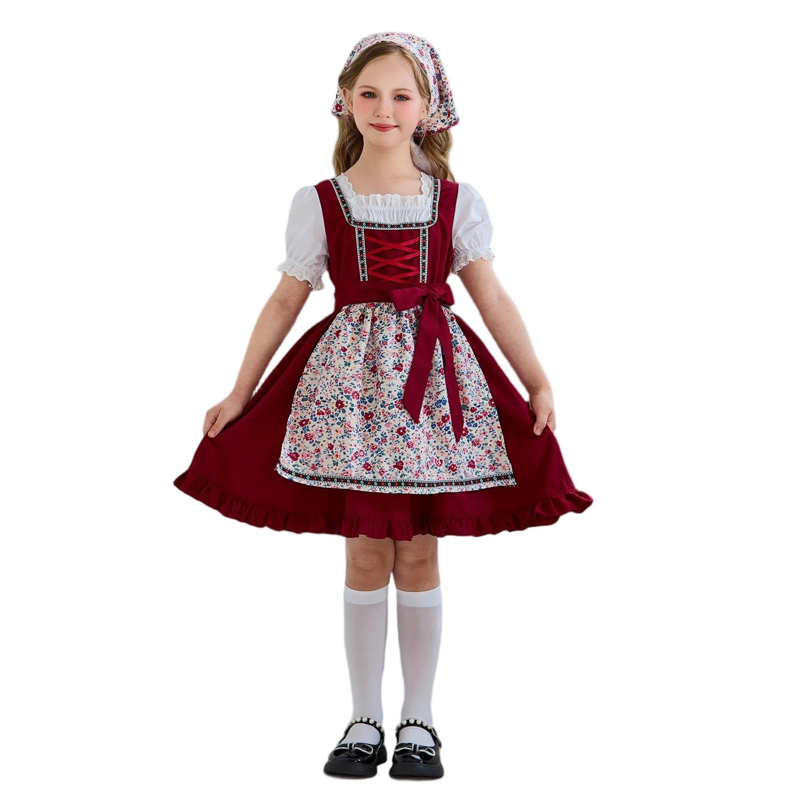 Slxbear Girls Dirndl Dress Kids Oktoberfest Costume Bavarian Beer Festival Dresses Traditional Printed Maid Apron Halloween Cosplay Outfits Retro Short Sleeve Flower Cute Maid Dress 11-12 Years Wine