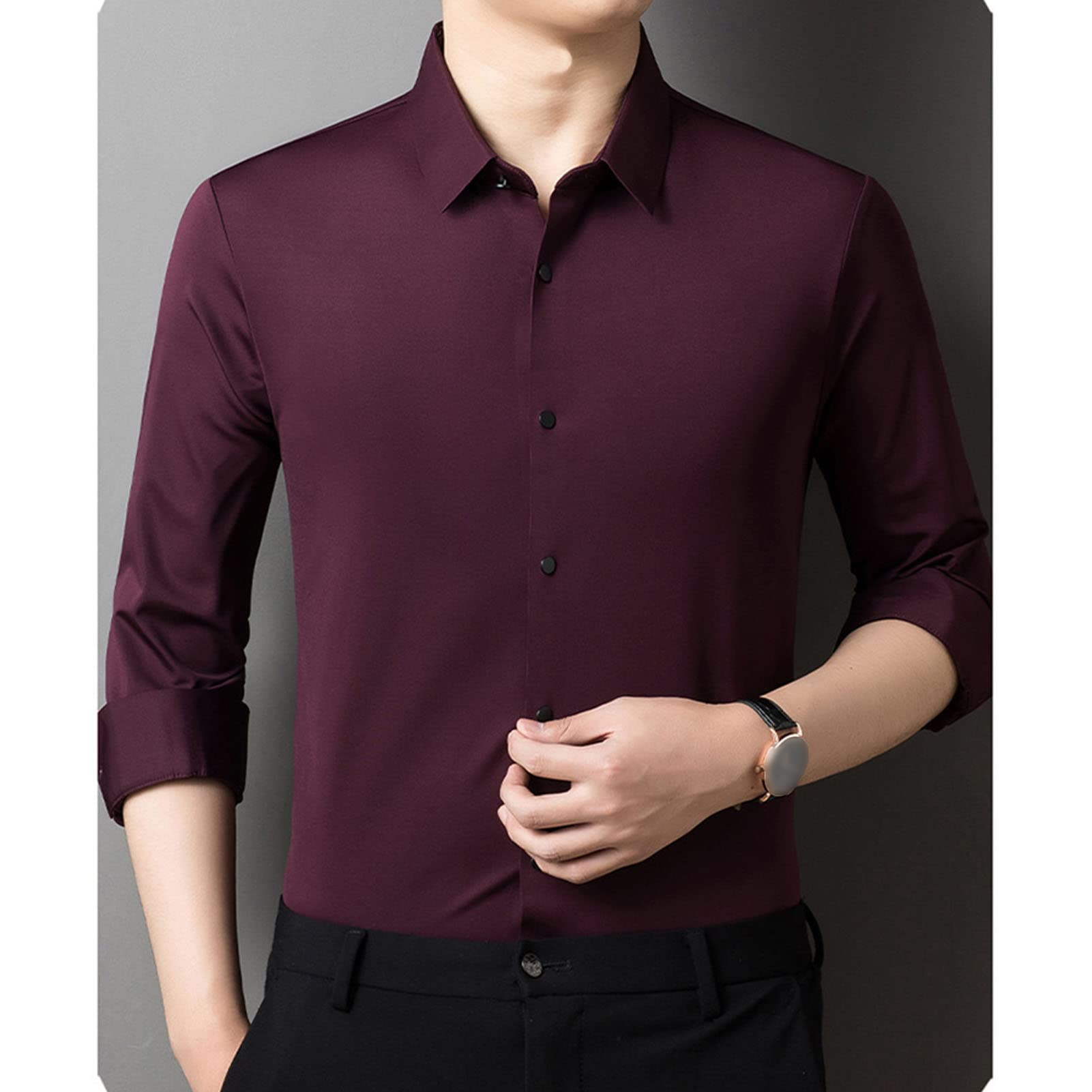 Long Sleeve Stylish Shirts for Men Solid Lightweight Slim Shirts Classic Casual Business Button Down Dress Shirt (Red Wine,Medium)