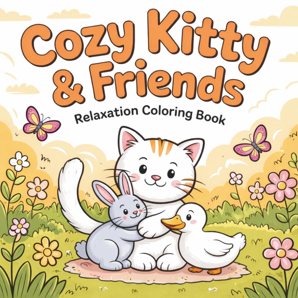 Cozy Kitty & Friends Relaxation Coloring Book: 50 Adorable Kittens and Sweet Animal Companions in Peaceful Scenes with Bold Simple Designs for Stress ... Adults (Cozy Animal Friends Coloring Series)