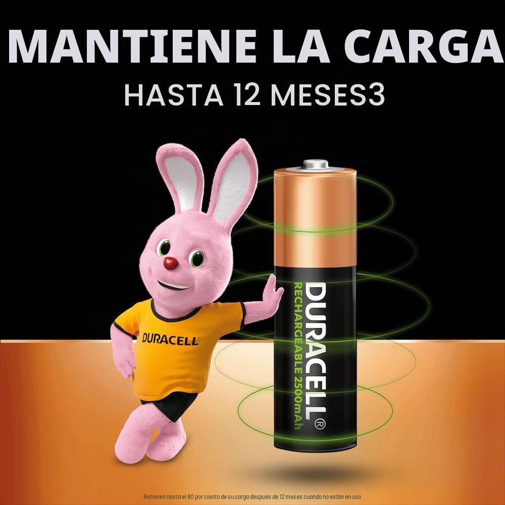 12 pilas recargables Duracell AA, 2500 mAh (3 blísters de 4 baterías) y 12 pilas recargables
