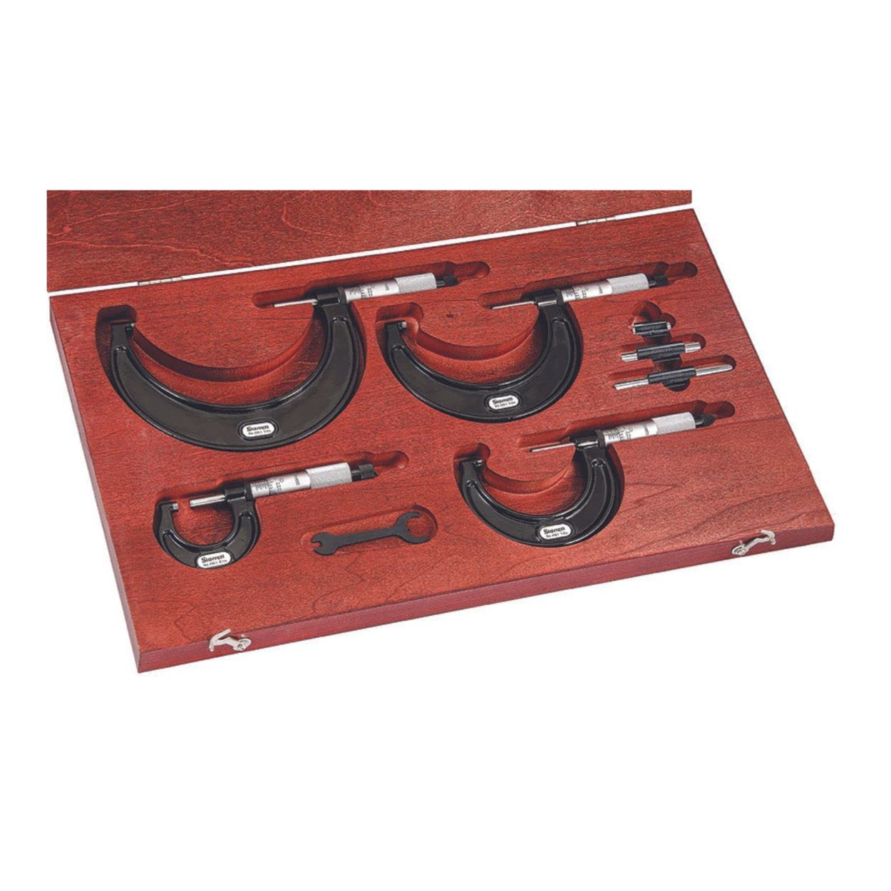 Starrett Flat Anvil Outside Micrometer Set with Ratchet Stop Knurled Ring Lock Nut - Black Wrinkle Carbide Faces, 0-4" Range, 0.0001" Graduation - ST436.1BXRLZ