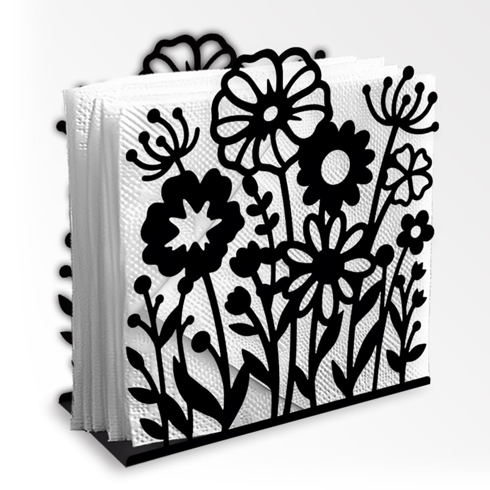 Doodlream Wildflowers Decorative Black Metal Napkin Holder for Table, 13.5 x 12.5 x 5 cm Floral Standing Napkin Holder for Home Kitchen Restaurant Picnic Party Coffee Bar Dining Room