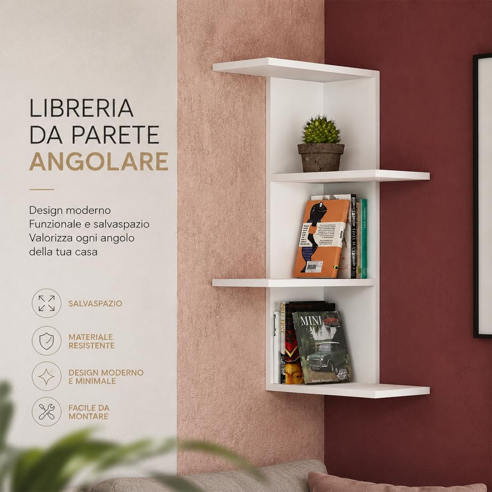 BAKAJI Mensola Scaffale Libreria da Parete Angolare Design Moderno con 4 Mensole Ripiani Angolo Scaffalatura Struttura in Legno MDF Decorazione Muro Arredamento Casa Ufficio 85 x 42 x 42 cm Bianco