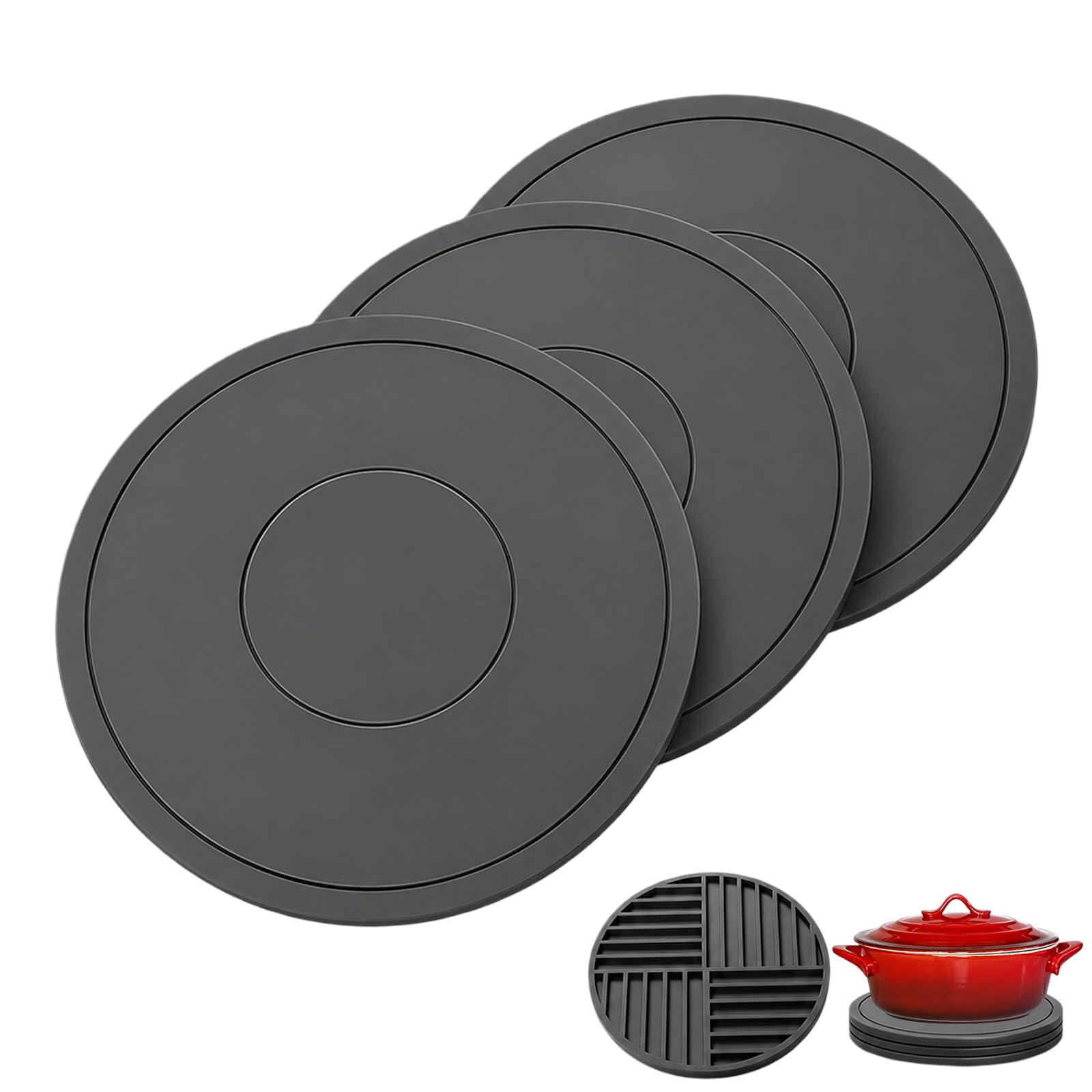 3PCS Silicone Trivets for Hot Pans, 16cm Round Silicone Heat Resistant Mat, Multipurpose & Non-slip Heatproof Mats for Kitchen Countertops & Tables, Dark Grey