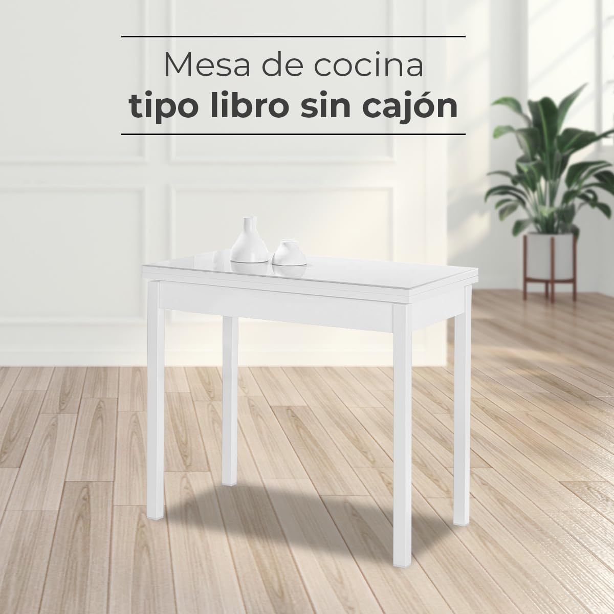 Mesa de Cocina Extensible de Libro sin cajón - 80x40 cm (80x80 cm) - Estructura y Tapa Interior Color Blanca - Tapa Superior Cristal Color Rojo