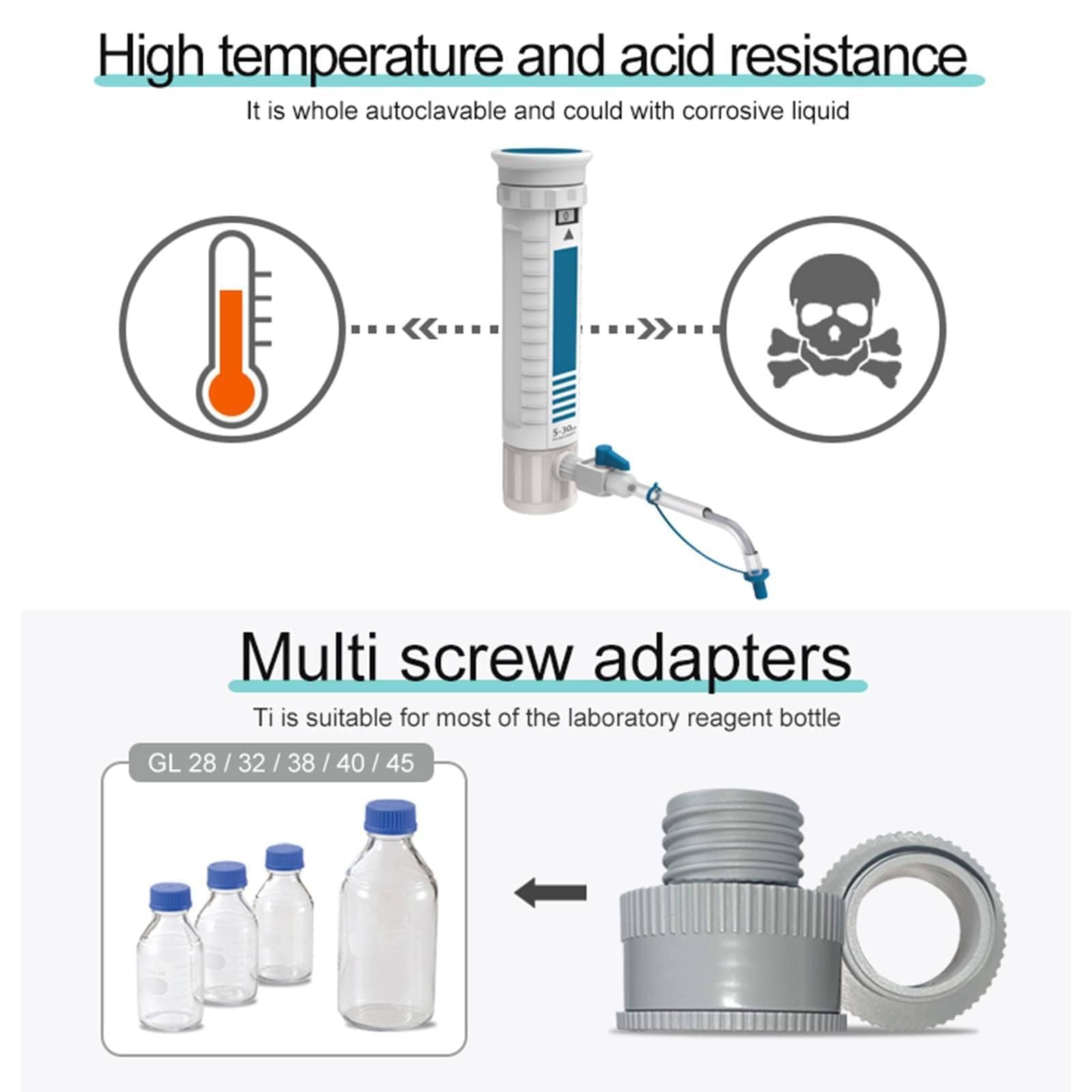 Laborflaschenspender, digitaler Topspender mit Reagenzflasche & Adaptern, Doppelventil, einstellbare Dosierung, Skalenanzeige für Laborforschung, 0,4-60 ml