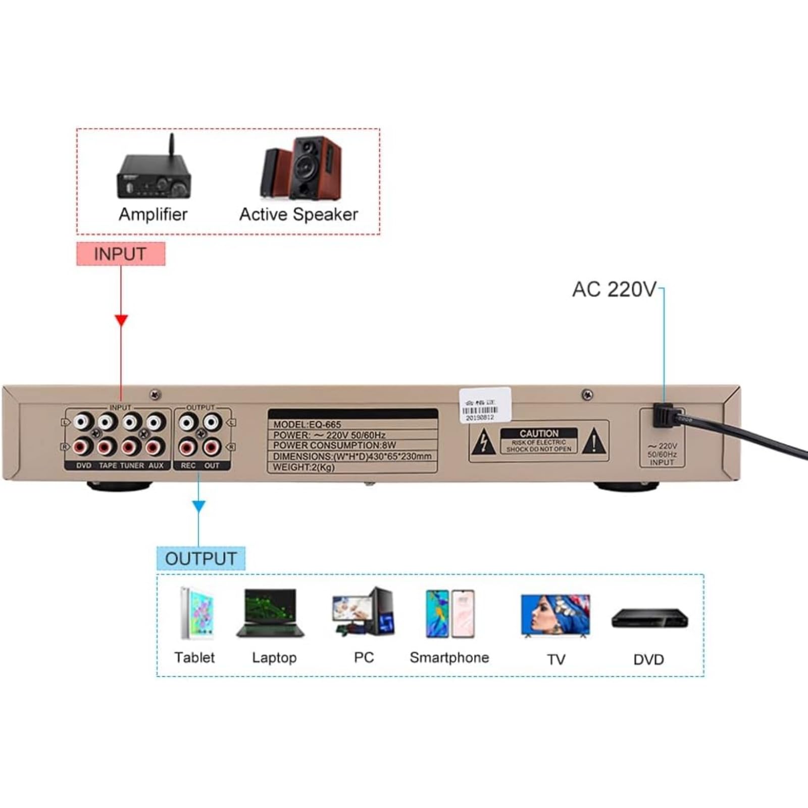 Korektor efektów stereo, bezstratny cyfrowy kontroler efektów audio, korektor korektora Hi-Fi, korektor graficzny wysokiego/średniego/basu (złoty, EQ-665)