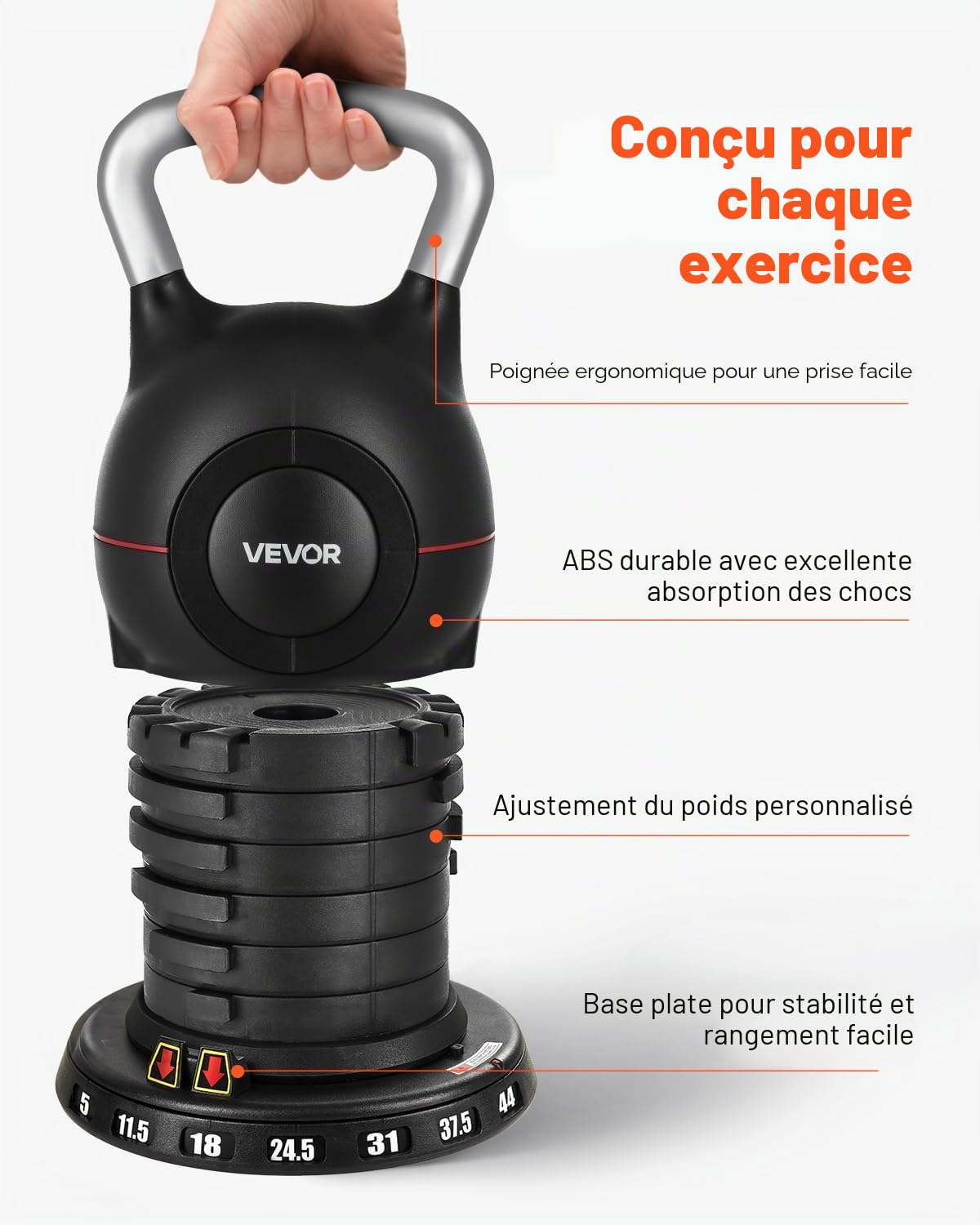 VEVOR Kettlebell réglable avec 7 niveaux de poids, aluminium moulé sous pression et matériau ABS, pour entraînement de force de préhension, entraînement complet du corps et entraînement croisé