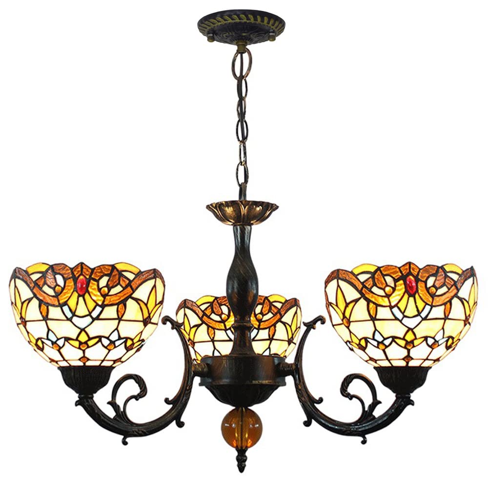 FYZDLAOR Baroque Vintage 3-Light Chandelier,Adjustable Pendant Light Light Fixtures,Tiffanystyle Stained Glass Hanging Light Wide 22 Inch Height 32 Inch