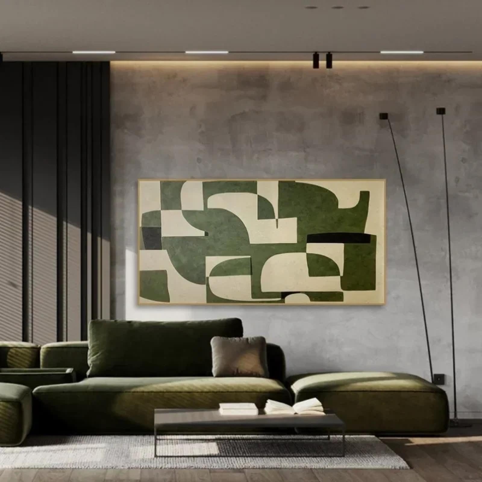 BBOVOBBGreen Geometry Wall Art Painting on Canvas,Mid Century Modern Minimalist Art WabiSabi Wall Art Living Room Painting 51x102cm(20x40.1in) Unframed