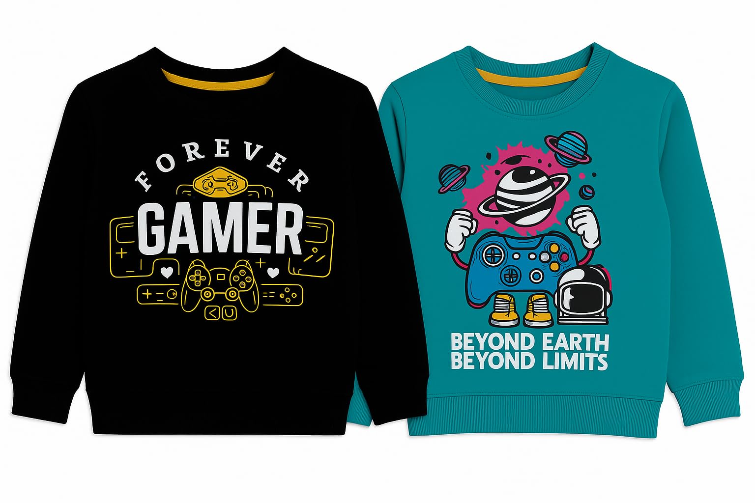 NammaBaby Boys Loopknit Cotton Round Neck T-Shirt Chest Printed Full Sleeves Sweatshirt for Light Winters Pack of 2