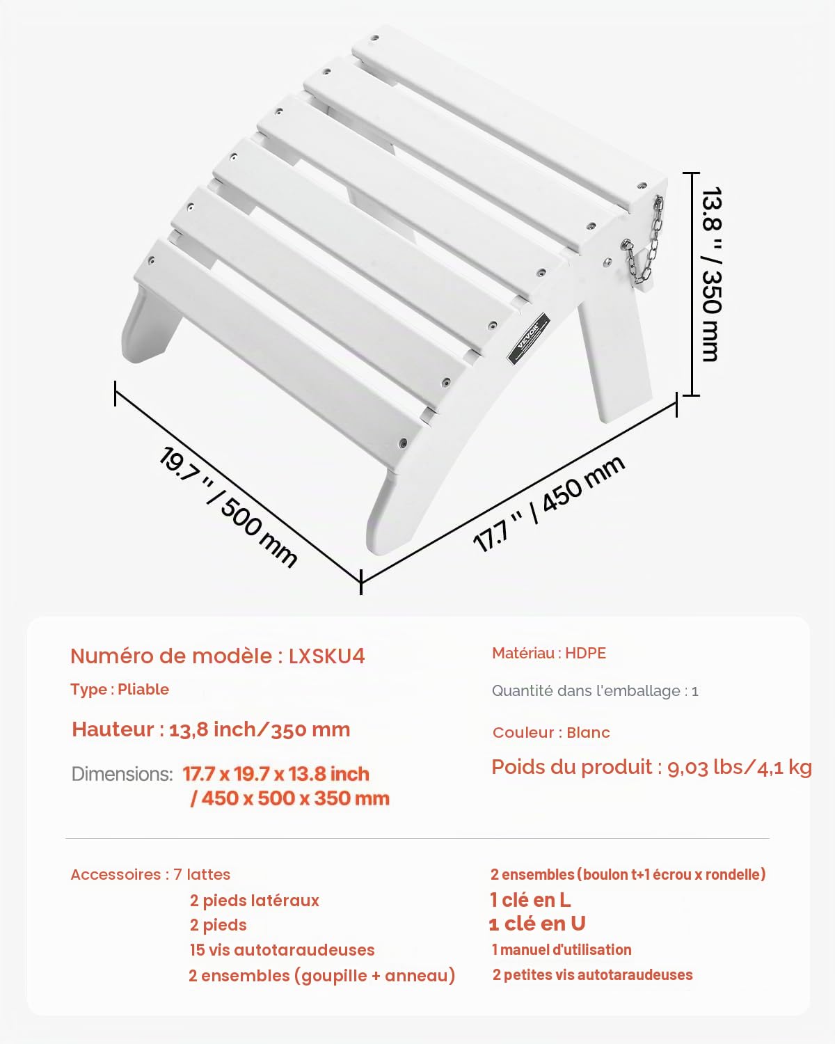 VEVOR Repose-pieds Pliable Adirondack, 450x500x350 mm, en PEHD, Résistant aux Intempéries pour Chaise Adirondack, Montage Facile, pour Extérieur, Patio, Porche, Piscine, Pelouse, Arrière-cour, Blanc