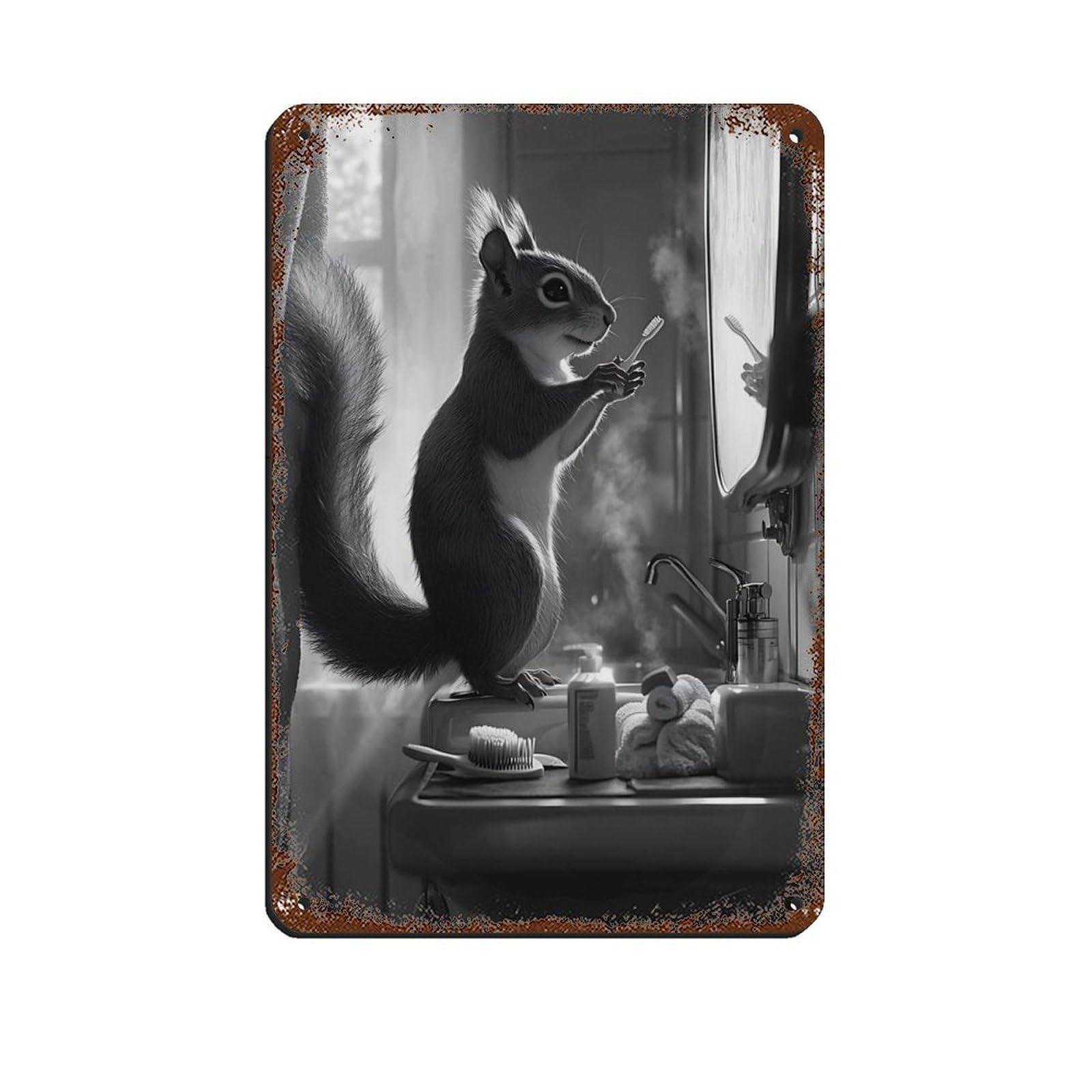 Adorable Squirrel Brushing Teeth Retro Poster Metal Tin Sign Chic Art Retro Iron Painting Bar People Cave Cafe Family Garage Poster Wall Decoration 8x12inch(20x30cm)