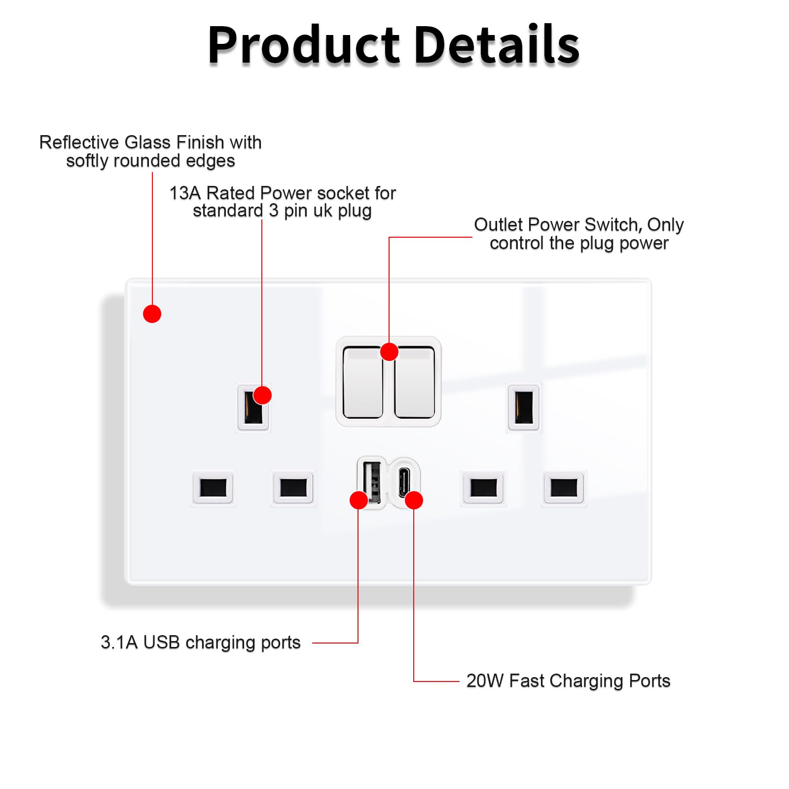 JIMEIDA 2 Pack Double Switched Socket White 20W Fast Charging 13 Amp with USB A and USB C Charging Ports Crystal Glass Panel Wall Outlet - Image 2