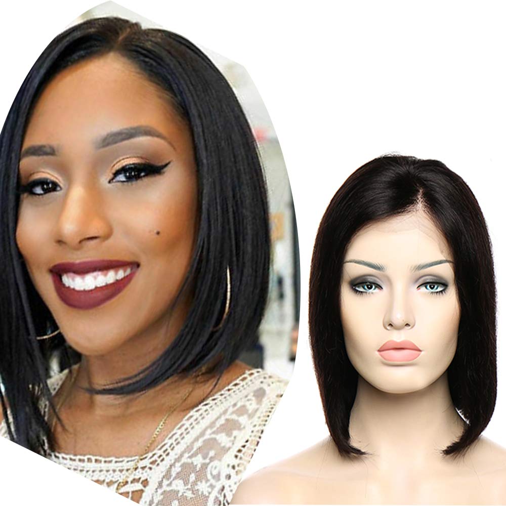 Short Straight Bob Lace Front Wigs #1B Natural Black 100% Brazilian Human Hair Side Part Wig With Baby Hair Pre Plucked For Black Women 8" Glueless