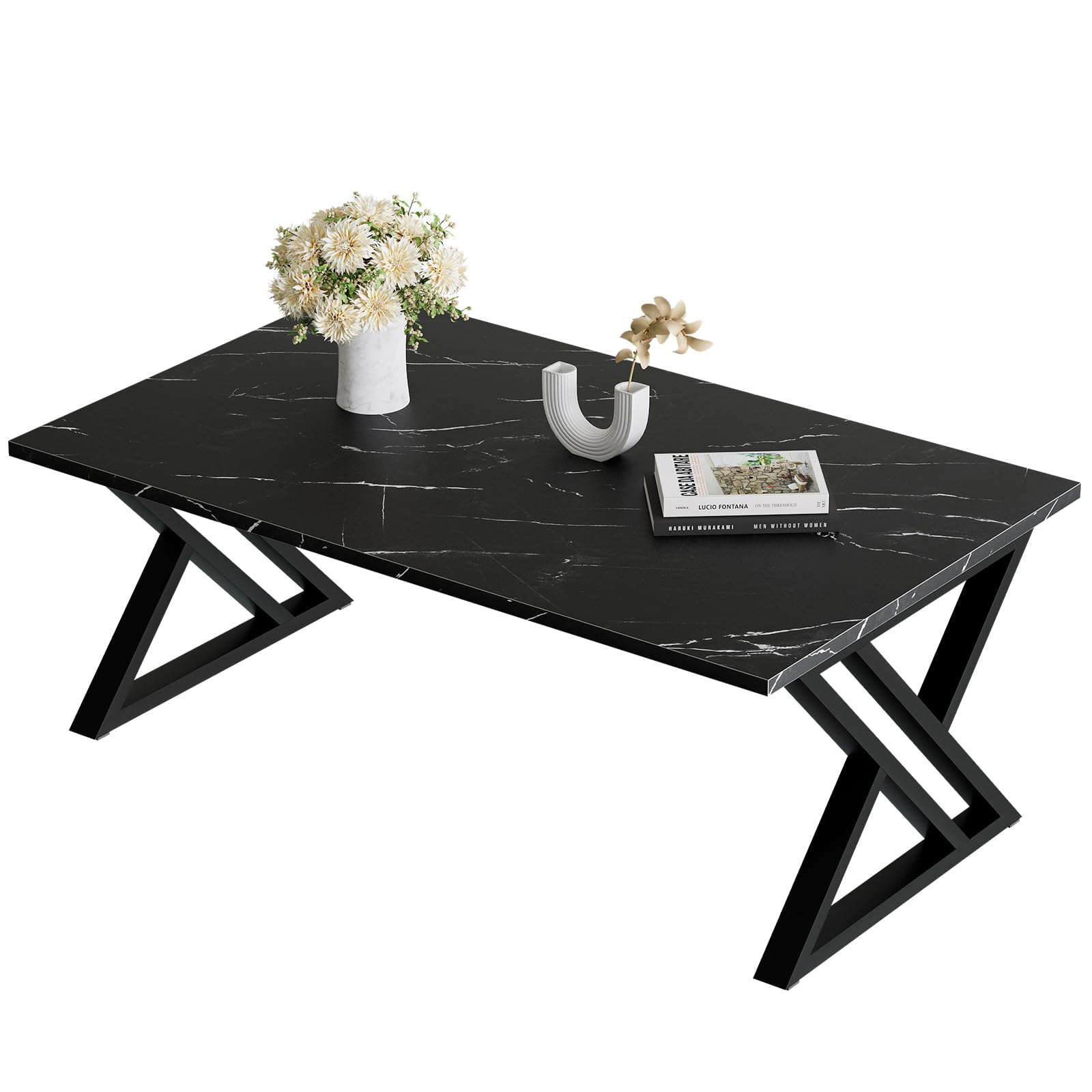 Coffee Table, Living Room Table, Center Tea Tables, Rectangular Tea Tables, End Sidetable with Black Metal Frame for Living Room Bedroom Office, Modern Open Design, 39.3 x 18.9 x 17.7 IN, Black